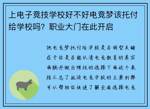 上电子竞技学校好不好电竞梦该托付给学校吗？职业大门在此开启